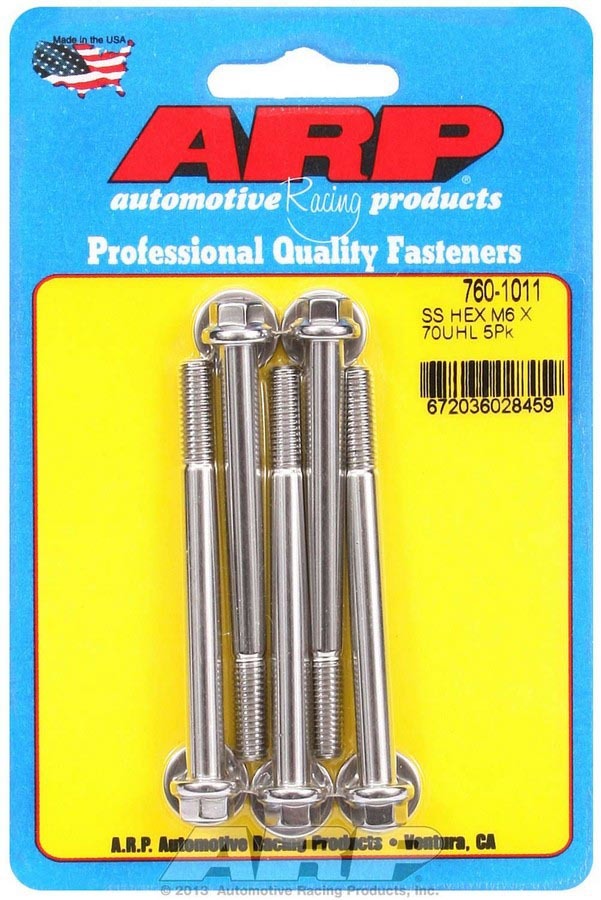 ARP Stainless Steel Bolt Kit 6mm x 1.00 x 70mm with 8mm Hex Head, Set of 5