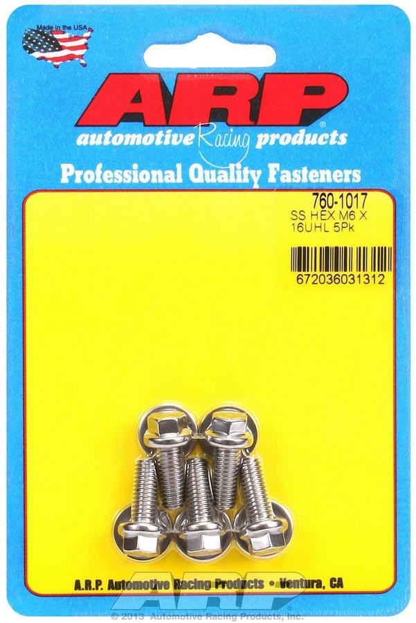 ARP 760-1017 Stainless Steel Bolt Kit, 6mm x 1.00 Thread, 16mm Length, 8mm Hex Head, Polished Finish, Set of 5
