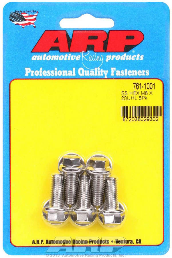 ARP 761-1001 Stainless Steel Bolt Kit, 8mm x 1.25 Thread, 20mm Length, 10mm Hex Head, Polished Finish, Set of 5