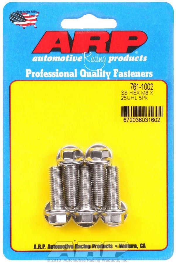 ARP 761-1002 Stainless Steel Bolt Kit, 8mm x 1.25 Thread, 25mm Length, 10mm Hex Head, Polished Finish, Set of 5