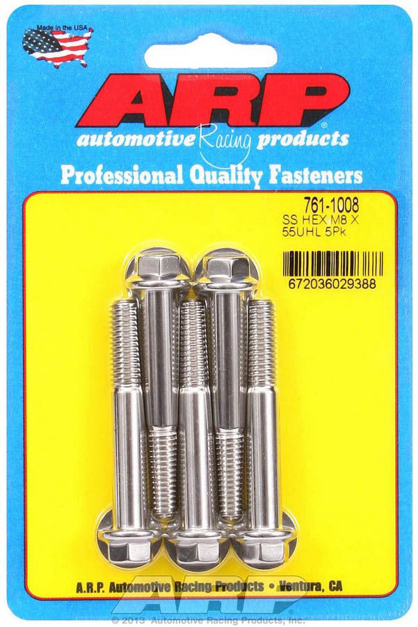 ARP 761-1008 Stainless Steel Bolt Kit, 8mm x 1.25 Thread, 55mm Length, 10mm Hex Head, Set of 5