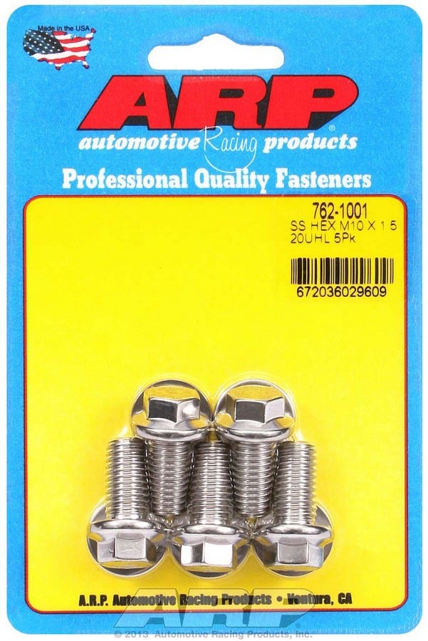 ARP 762-1001 Stainless Steel Bolt Kit, 10mm x 1.50 Thread, 20mm Length, 12mm Hex Head, Polished Finish, Set of 5