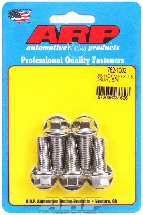 ARP 762-1002 Stainless Steel Hex Head Bolts, 10mm x 1.50 Thread, 25mm Length, Polished Finish, Set of 5