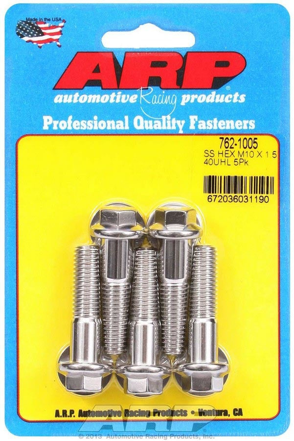 ARP 762-1005 Stainless Steel Hex Bolts 10mm x 1.50 Thread, 40mm Length, 12mm Hex Head, Set of 5