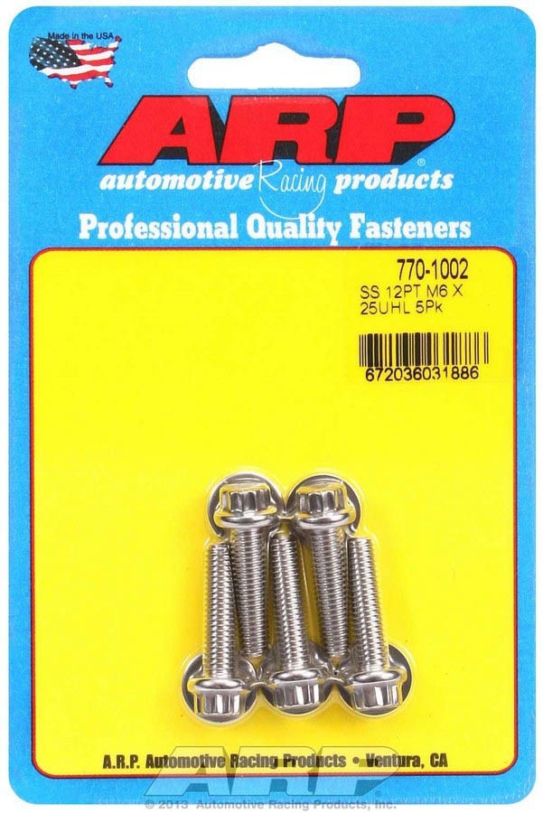 ARP 770-1002 Stainless Steel Bolt Kit, 6mm x 1.00 Thread, 25mm Length, 12-Point Head, Polished Finish, Set of 5