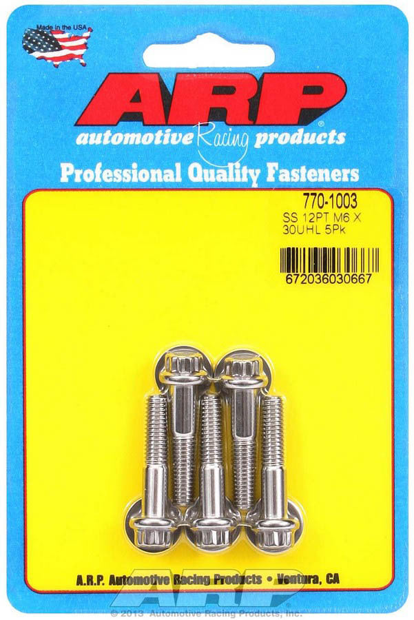 ARP 770-1003 Stainless Steel Bolt Kit with 6mm x 1.00 Thread, 30mm Length, 12-Point Head, Polished Finish, Set of 5