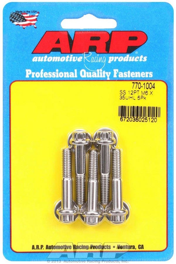 ARP 770-1004 Stainless Steel Bolt Kit, 6mm x 1.00 Thread, 35mm Length, 12-Point Head, Polished Finish, Set of 5