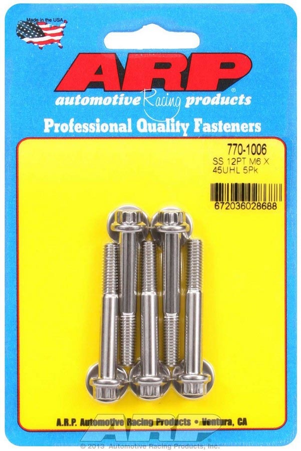 ARP 770-1006 Stainless Steel Bolt Kit with 6mm x 1.00 Thread, 45mm Length, 12-Point Head, Polished Finish, Set of 5