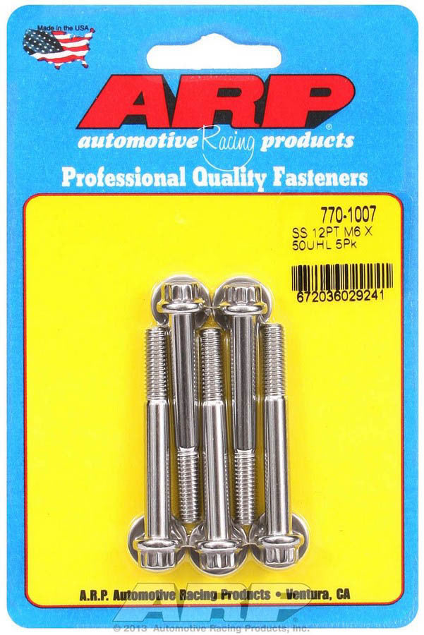 ARP 770-1007 Stainless Steel Bolt Kit, 6mm x 1.00 Thread, 50mm Length, 12-Point Head, Polished Finish, Set of 5