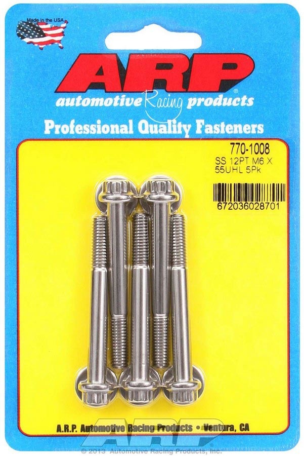 ARP 770-1008 Stainless Steel Bolt Kit with 12-Point Head, 6mm Diameter, 55mm Length, Polished Finish, Set of 5