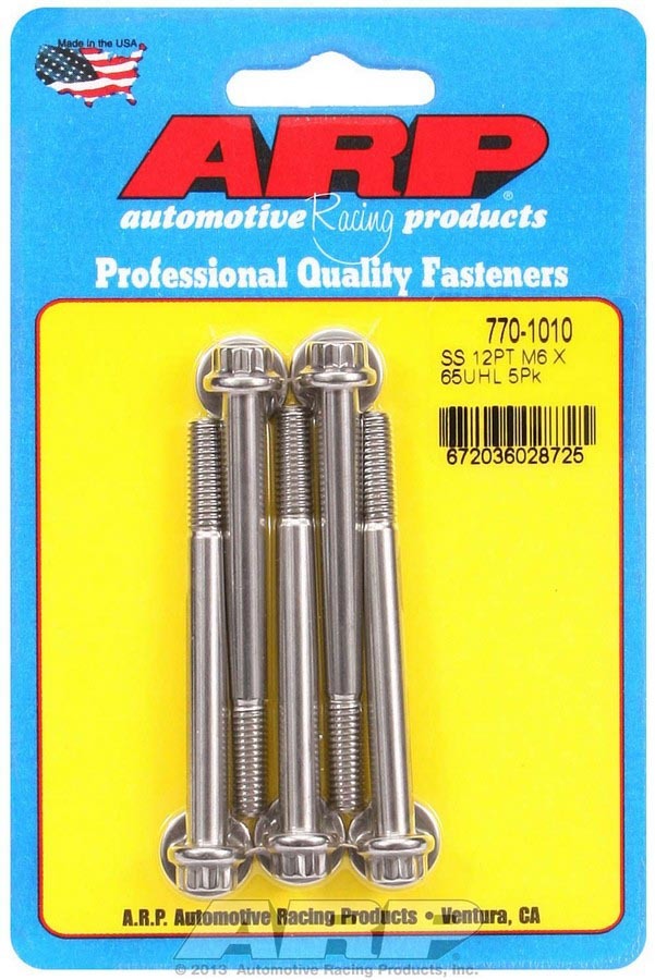 ARP 770-1010 Stainless Steel Bolt Kit, 6mm x 1.00 Thread, 65mm Length, 8mm 12-Point Head, Polished Finish, Set of 5