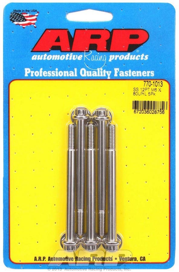 ARP 770-1013 Stainless Steel Bolt Kit with 6mm x 1.00 Thread, 80mm Length, 12-Point Head, Polished Finish, Set of 5