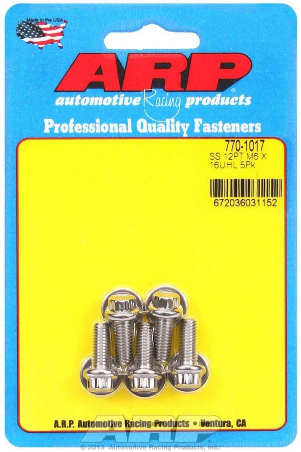 ARP 770-1017 Stainless Steel 6mm x 1.00 Thread Bolt Kit with 12-Point Head, 16mm Length, Set of 5