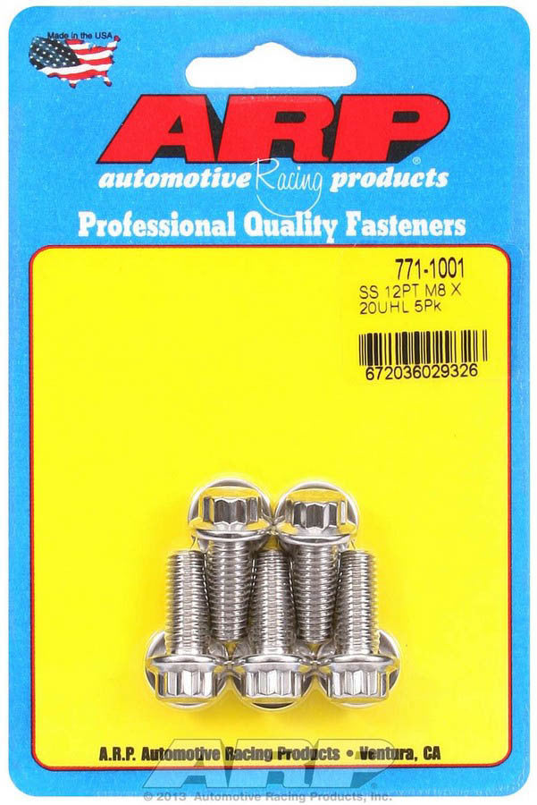 ARP 771-1001 Stainless Steel Bolt Kit with 8mm x 1.25 Thread, 20mm Length, 12-Point Head, Polished Finish, Set of 5