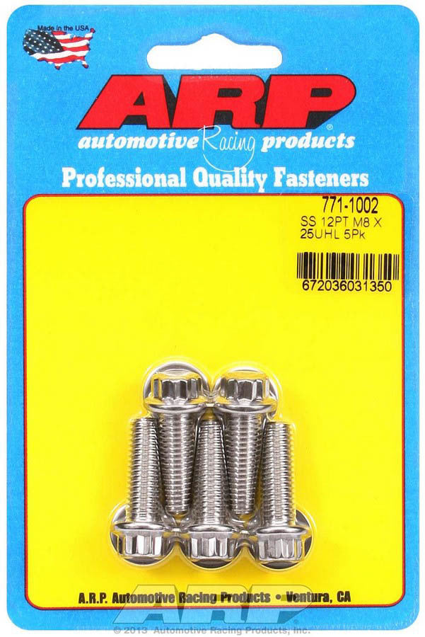 ARP 771-1002 Stainless Steel Bolt Kit with 8mm x 1.25 Thread, 25mm Length, 12-Point Head, Polished Finish, Set of 5