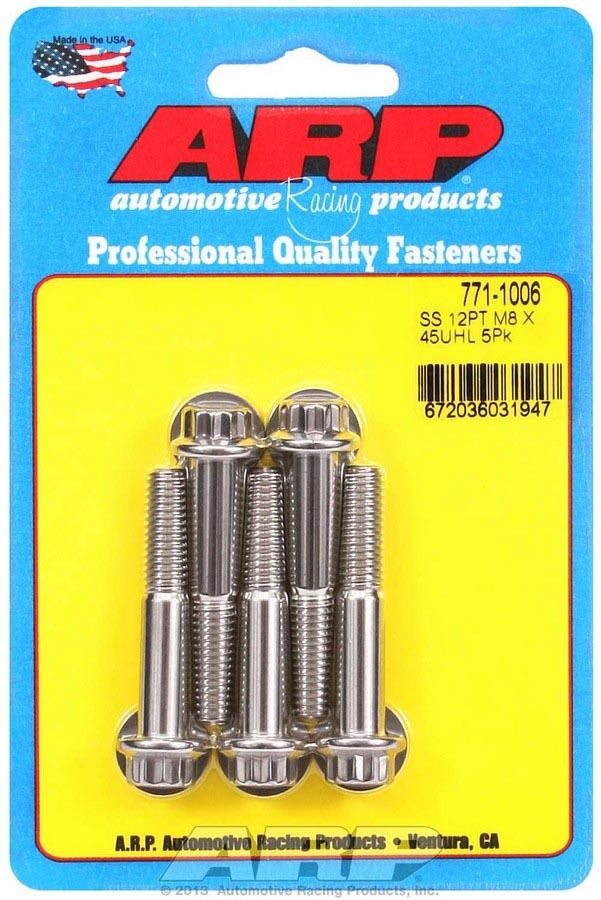 ARP 771-1006 Stainless Steel Bolt Kit, 8mm x 1.25 Thread, 45mm Length, 12-Point Head, Polished Finish, Set of 5