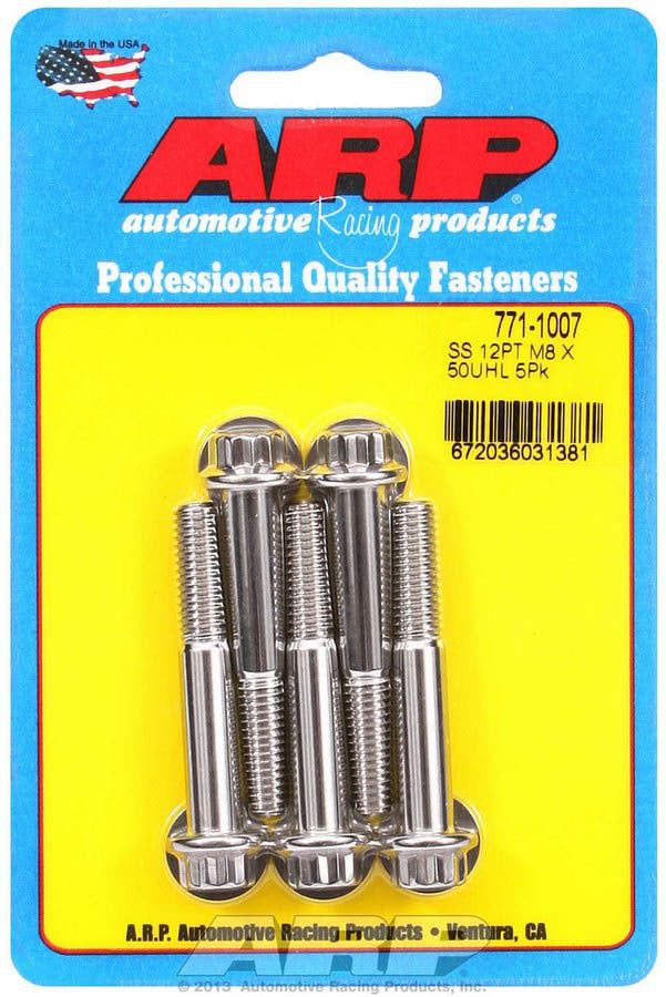 ARP 771-1007 Stainless Steel Bolt Kit, 8mm x 1.25 Thread, 50mm Length, 12-Point Head, Polished Finish, Set of 5
