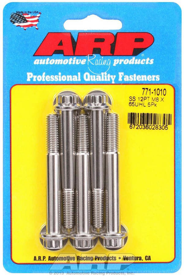 ARP 771-1010 Stainless Steel Bolt Kit with 8mm x 1.25 Thread, 65mm Length, 10mm 12-Point Head, Polished Finish, Set of 5