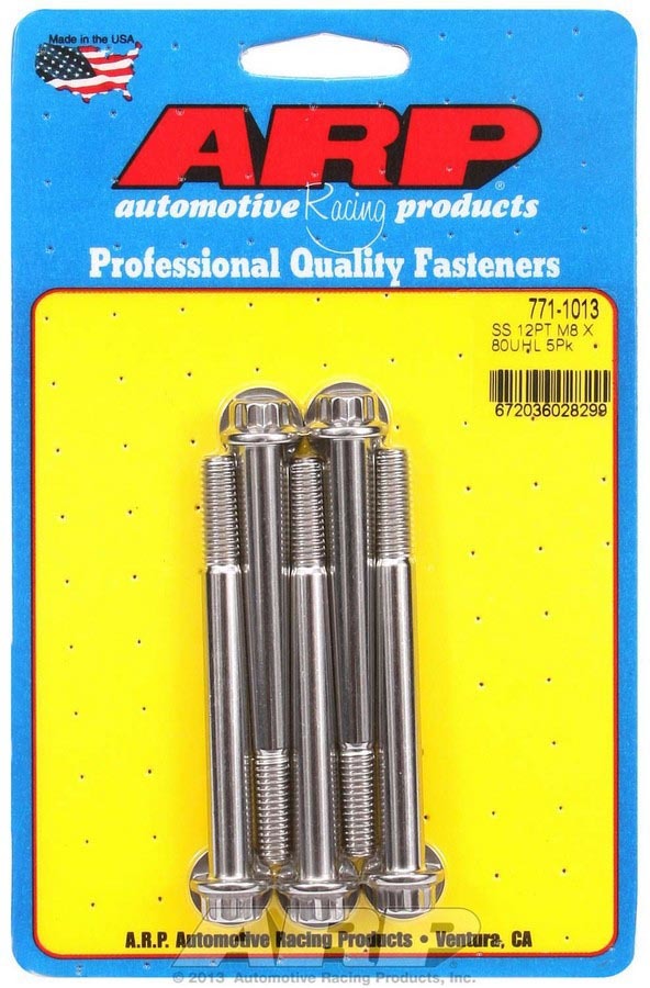 ARP 771-1013 Stainless Steel Bolt Kit with 8mm x 1.25 Threads, 80mm Length, 12-Point Head, Polished Finish, Set of 5