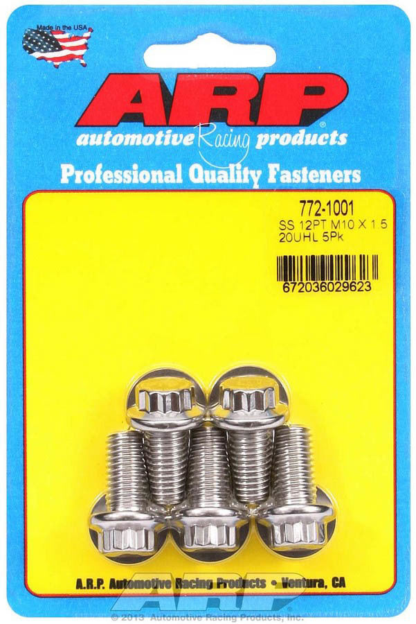 ARP 772-1001 Stainless Steel Bolt Kit, 10mm x 1.50 Thread, 20mm Length, 12-Point Head, Polished Finish, Set of 5