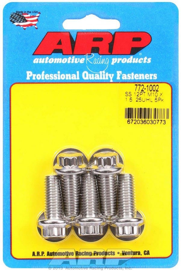 ARP 772-1002 Stainless Steel Bolt Kit, 10mm x 1.50 Thread, 25mm Length, 12-Point Head, Polished Finish, Set of 5