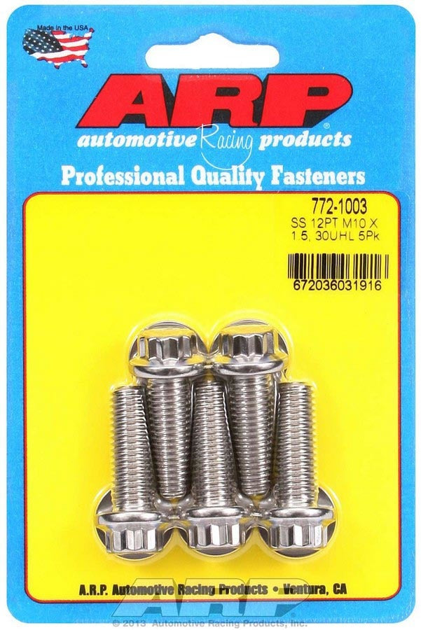 ARP 772-1003 Stainless Steel Bolt Kit with 10mm x 1.50 Thread, 30mm Length, 12-Point Head, Polished Finish, Pack of 5