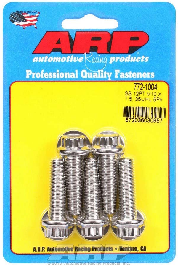ARP 772-1004 Stainless Steel Bolt Kit, 10mm x 1.50 Thread, 35mm Length, 12-Point Head, Polished Finish, Set of 5