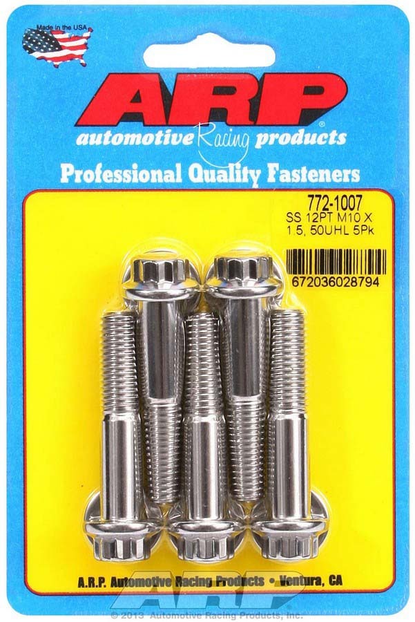 ARP 772-1007 Stainless Steel Bolt Kit, 10mm x 1.50 Thread, 50mm Length, 12 Point Head, Polished Finish, Set of 5