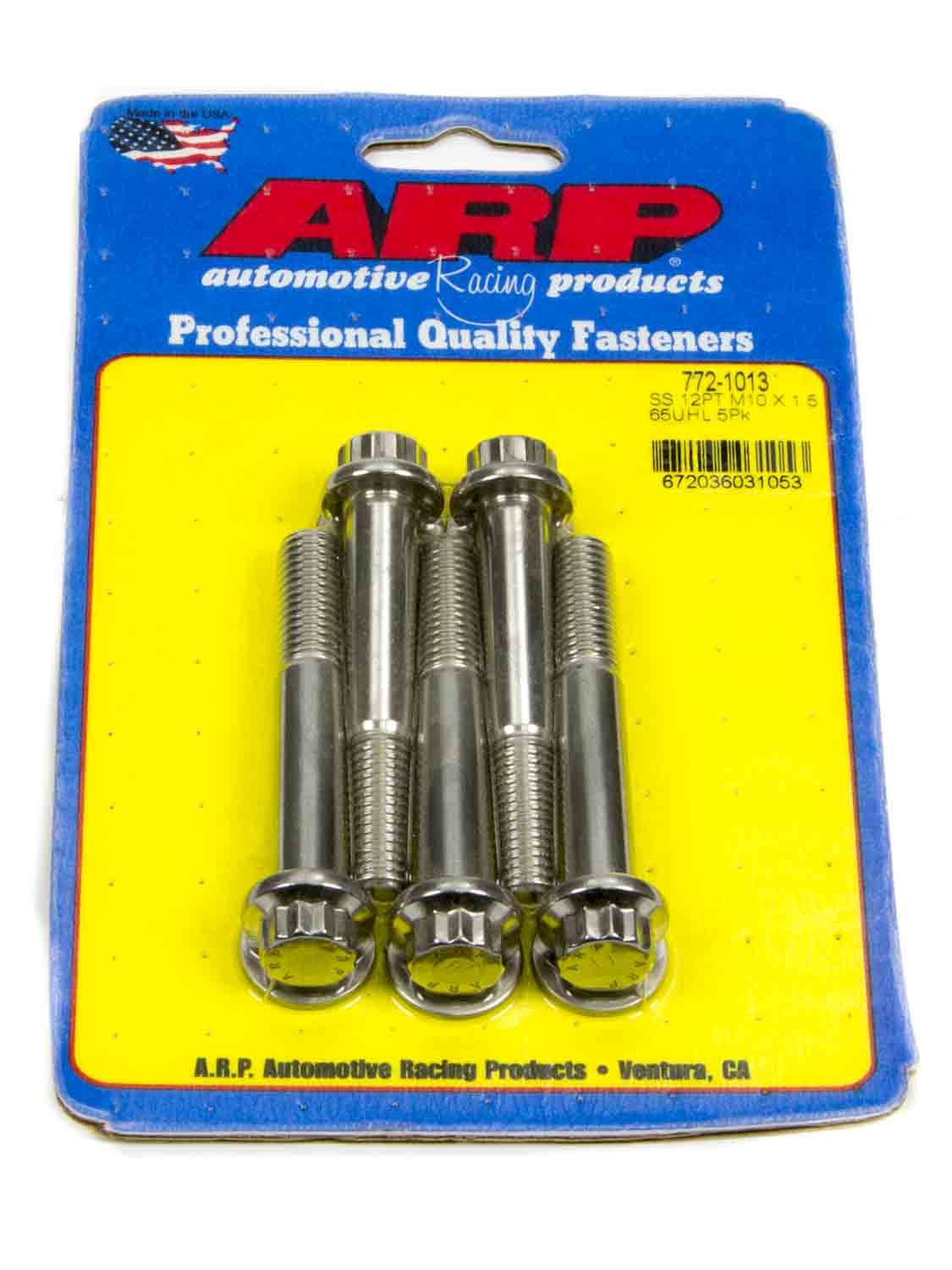 ARP 772-1013 Stainless Steel Bolt Kit, 10mm x 1.50 Thread, 65mm Length, 12-Point Head, Polished Finish, Set of 5