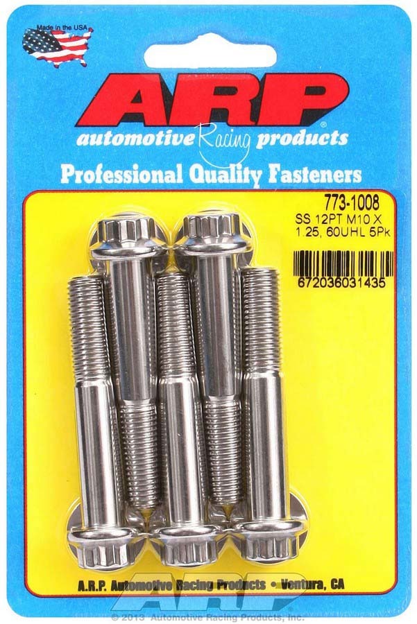 ARP 773-1008 Stainless Steel Bolt Kit with 10mm x 1.25 Thread, 60mm Length, 12 Point Head, Polished Finish, Set of 5
