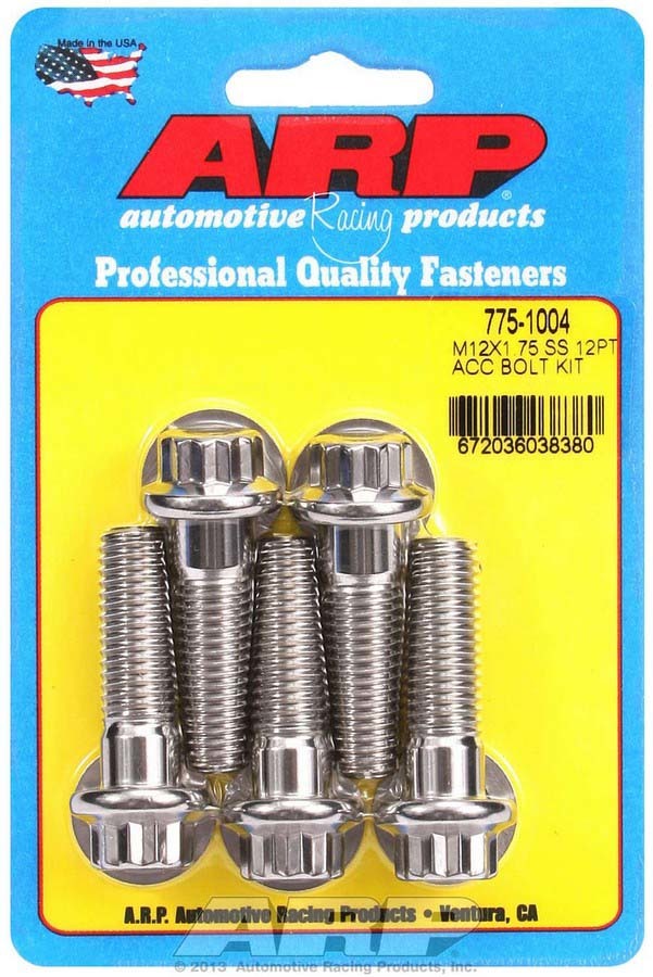 ARP 775-1004 Stainless Steel Bolt Kit, 12mm x 1.75 Thread, 40mm Length, 12-Point Head, Polished Finish, Set of 5