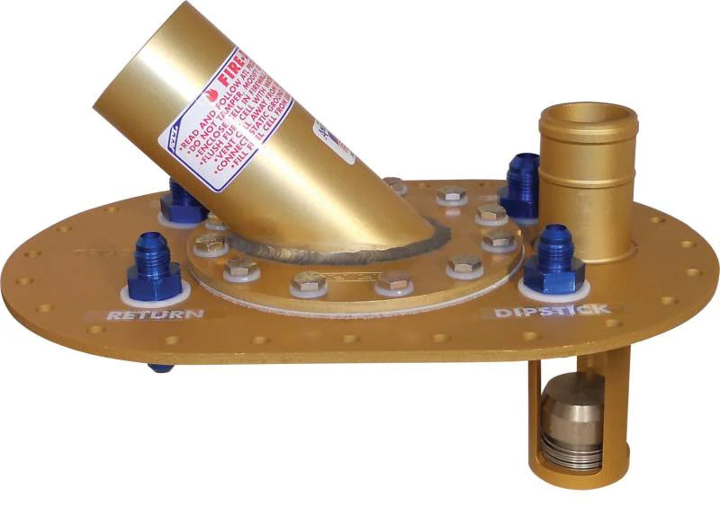 ATL Fuel Cells PT-BG-038 2-1/4 Inch O.D. Fuel Cell Filler Plate with Remote Fill, Flat Mount, 12-Bolt Flange, Aluminum, Gold Anodized