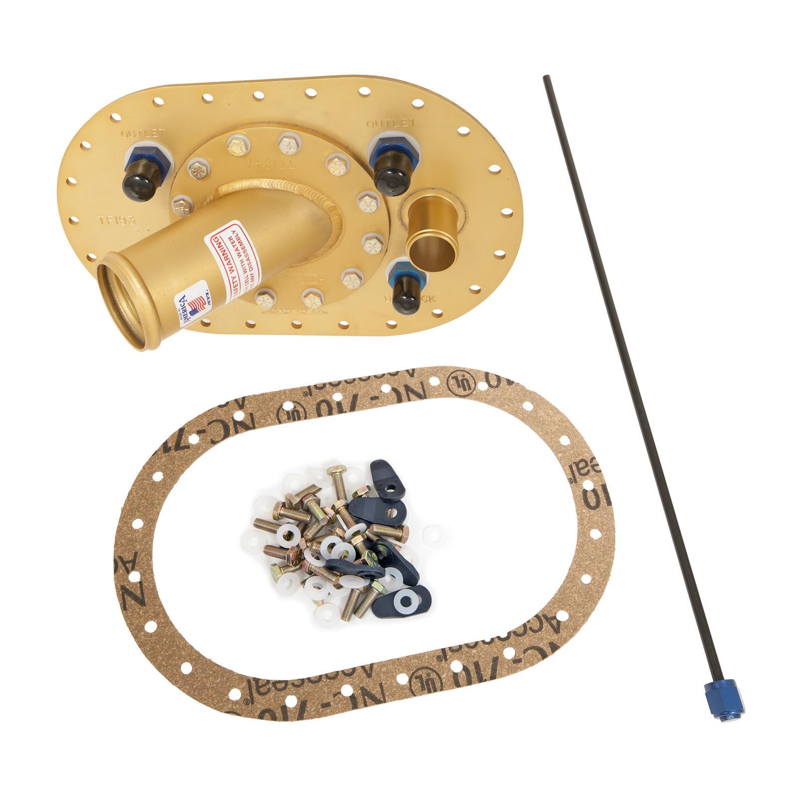 ATL Fuel Cells PT-BG-039 Fuel Cell Filler Plate with Flapper Valve, 45 Degree 2-1/4 inch OD Neck, Flat Mount, 12-Bolt Flange, Aluminum, Gold Anodized