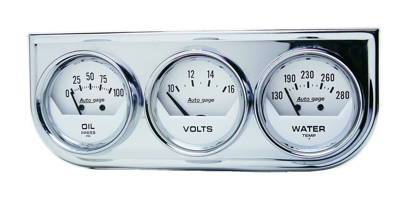 Autometer 2325 Gauge Panel Assembly with Oil Pressure, Voltmeter, and Water Temperature - 2-1/16 Inch White Face Analog Instrument Cluster