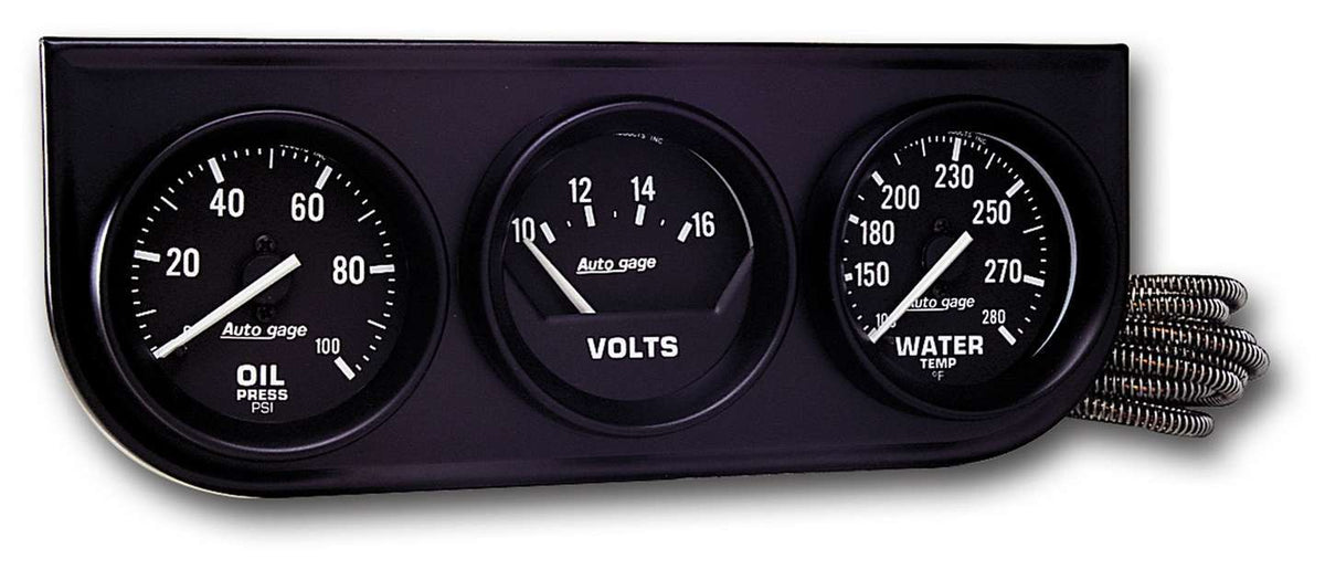 Autometer 2397 Gauge Panel Assembly with Oil Pressure, Voltmeter, and Water Temperature - 2 Inch Diameter, Black Face