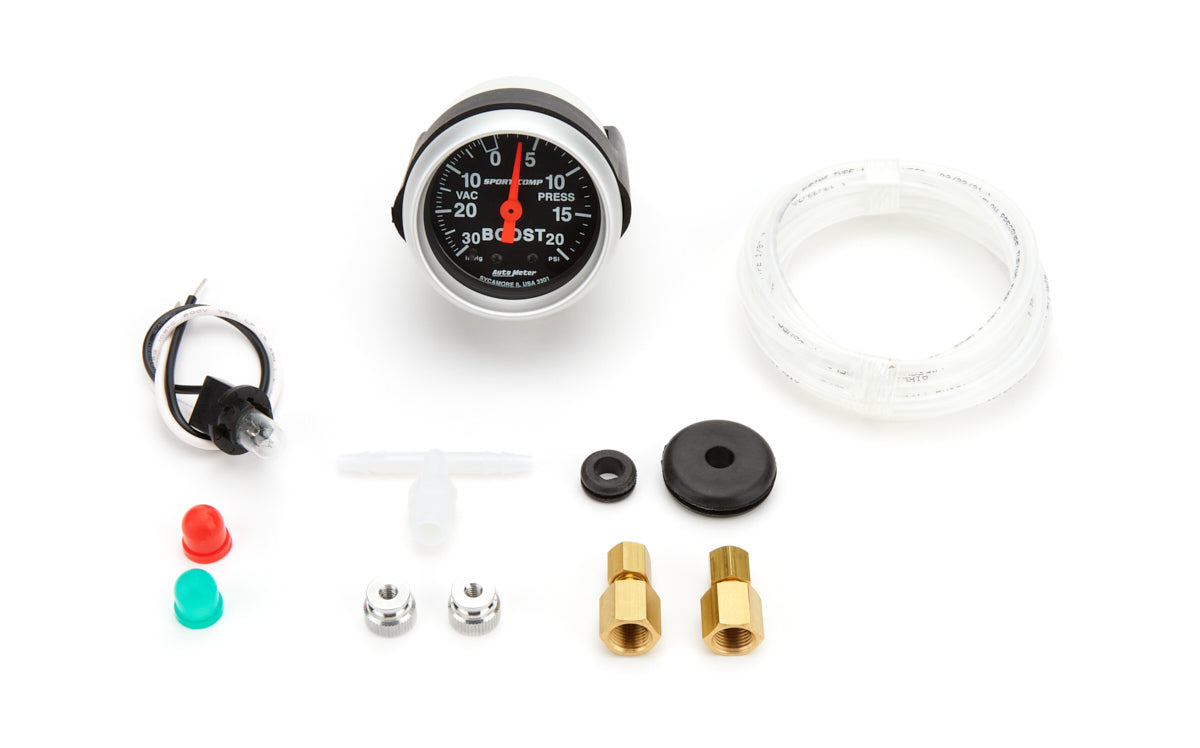 Autometer 3301 Mini Sport-Comp Boost and Vacuum Gauge, 30 in Hg to 20 psi, Mechanical, Analog, 2-1/16 Inch Diameter, Black Face