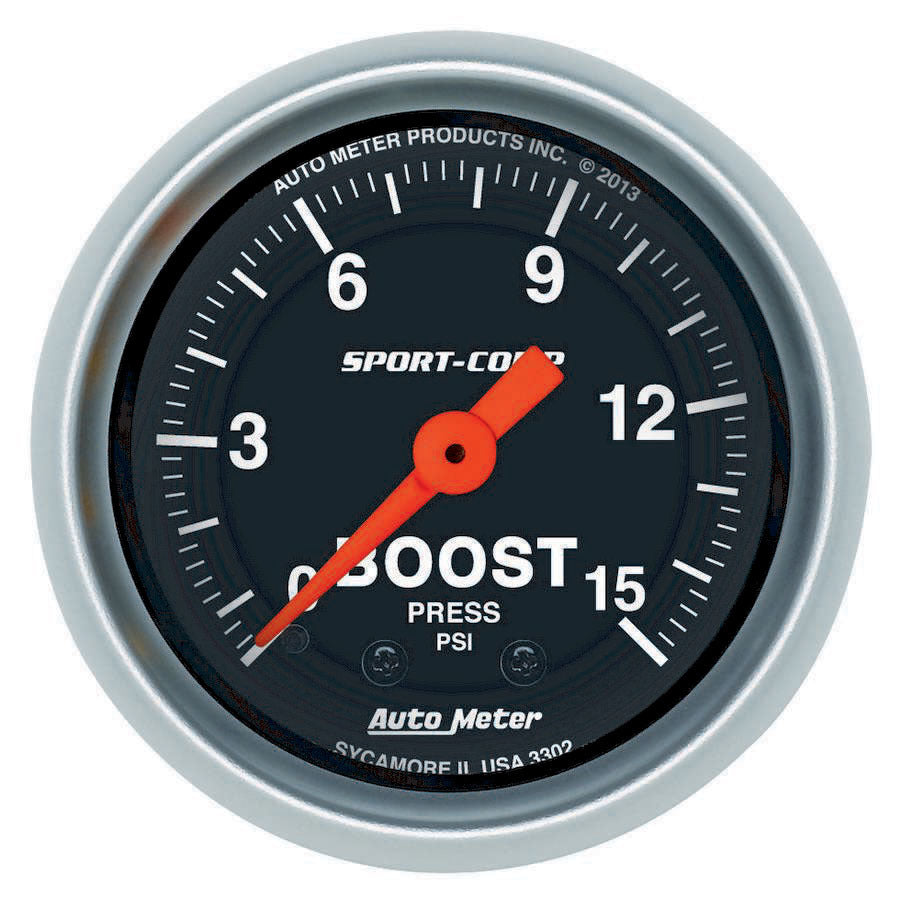 Autometer 3302 Sport-Comp Mechanical Boost Gauge, 0-15 PSI, 2-1/16 Inch Diameter, Black Face