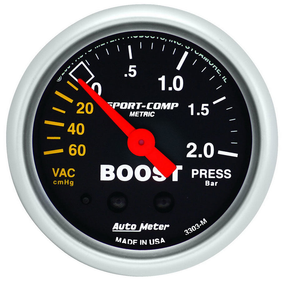 Autometer 3303-M Sport-Comp Boost and Vacuum Gauge, 2-1/16 Inch Diameter, Analog Mechanical Display