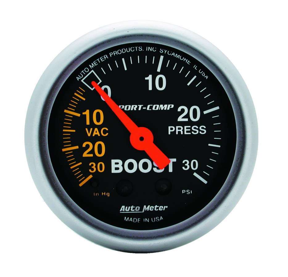 Autometer Boost and Vacuum Gauge 3303, 30 in Hg and 30 psi, Mechanical Analog, 2-1/16 Inch Diameter, Black Face