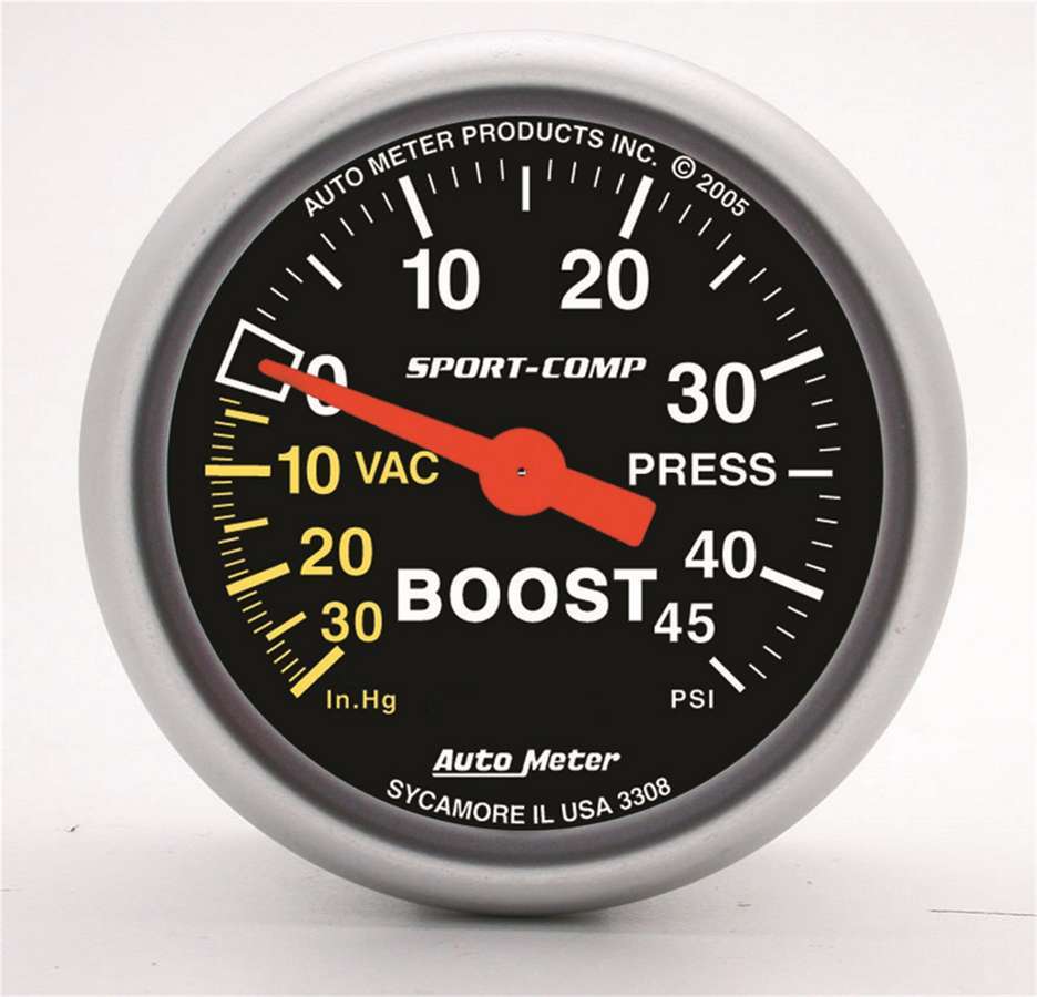 Autometer 3308 Sport-Comp Boost and Vacuum Gauge, 30 in Hg Vacuum, 45 PSI Pressure, Mechanical Analog, 2-1/16 Inch Diameter, Black Face