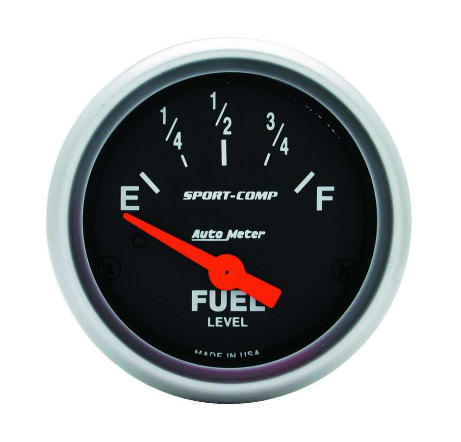 Autometer 3316 Mini Sport-Comp Fuel Level Gauge, 240-33 Ohm, 2-1/16 Inch Diameter, Black Face, Analog Electric Meter