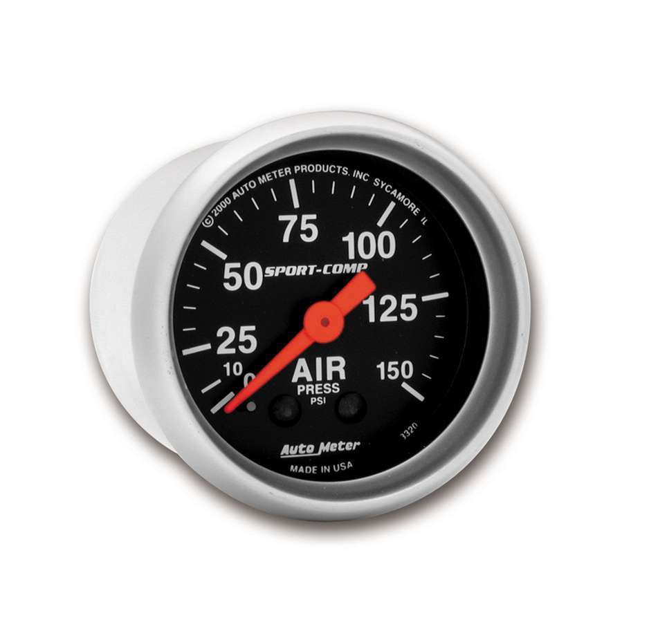 Autometer 3320 Sport-Comp Mechanical Air Pressure Gauge 0-150 psi, 2-1/16 Inch Diameter, Black Face