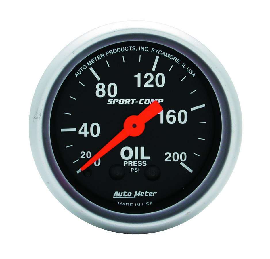 Autometer 3322 Sport-Comp Oil Pressure Gauge 0-200 psi Mechanical Analog 2-1/16 Inch Black Face