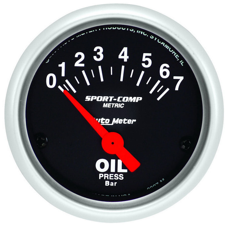Autometer 3327-M Mini Sport-Comp Oil Pressure Gauge, 0-7 Bar, Electric Analog, Short Sweep, 2-1/16 Inch Black Face