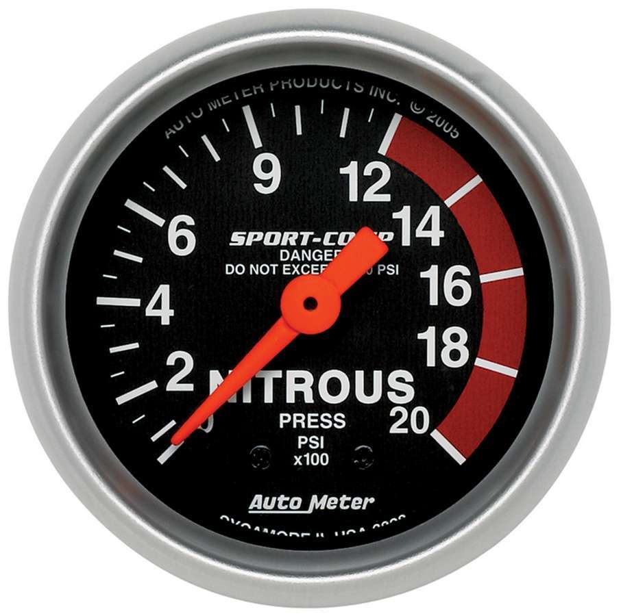 Autometer 3328 Sport-Comp Nitrous Pressure Gauge, 0-2000 psi, Mechanical Analog, 2-1/16 Inch Diameter, Black Face