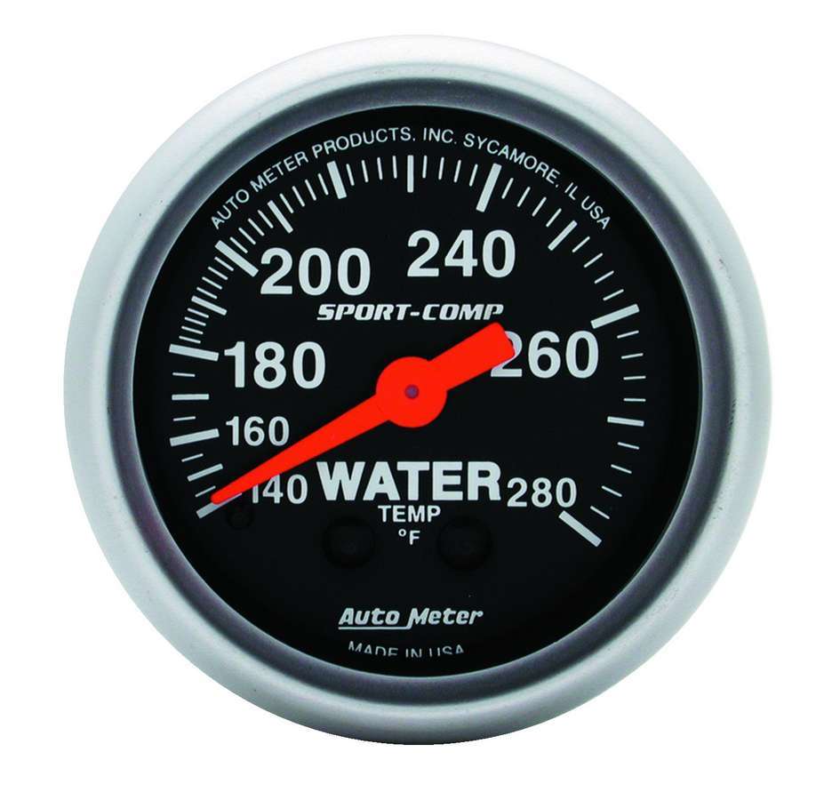 Autometer 3331 Water Temperature Gauge, 140-280°F, Mechanical, Analog, 2-1/16 Inch Diameter, Black Face