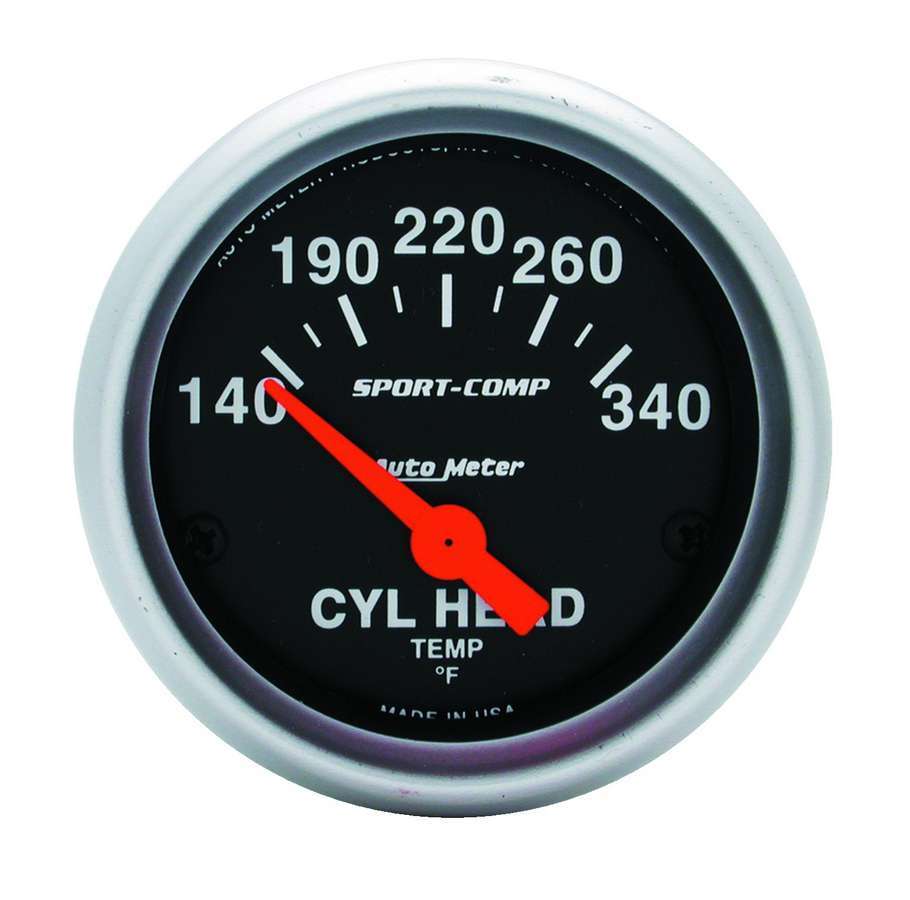 Autometer 3336 Sport-Comp Cylinder Head Temperature Gauge 140-340°F, 2-1/16 Inch Diameter, Analog Short Sweep Black Face