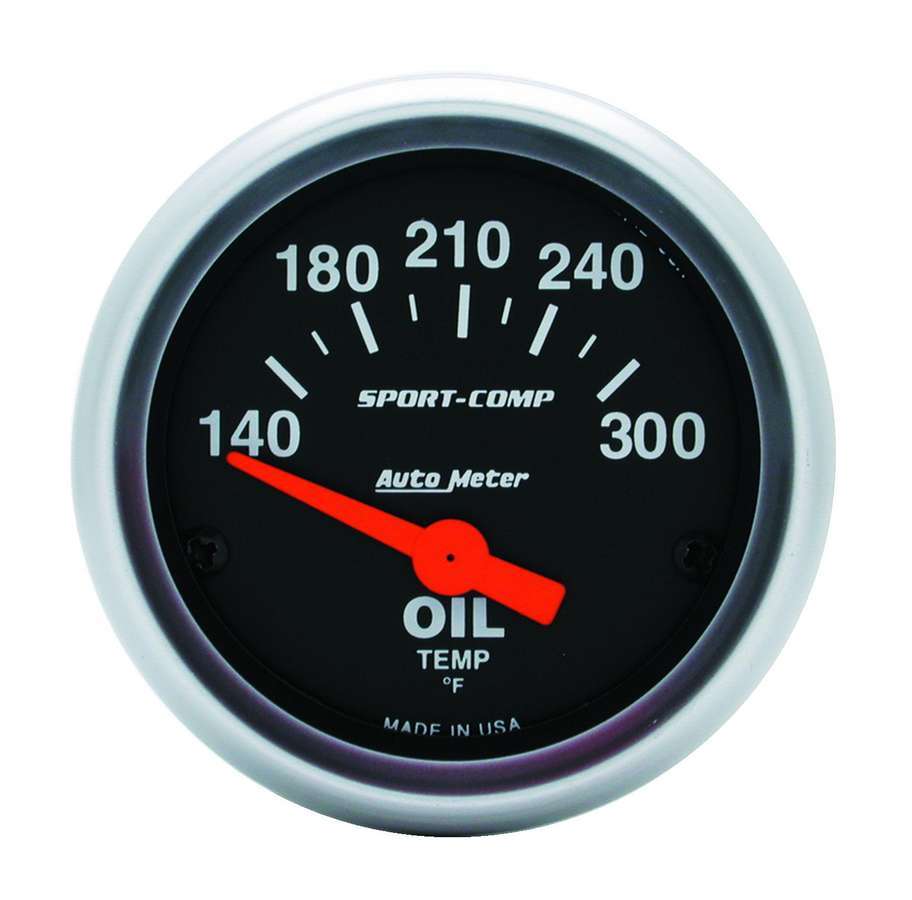 Autometer 3348 Sport-Comp Oil Temperature Gauge 140-300°F, 2-1/16 Inch Diameter, Electric Analog with Short Sweep Black Face