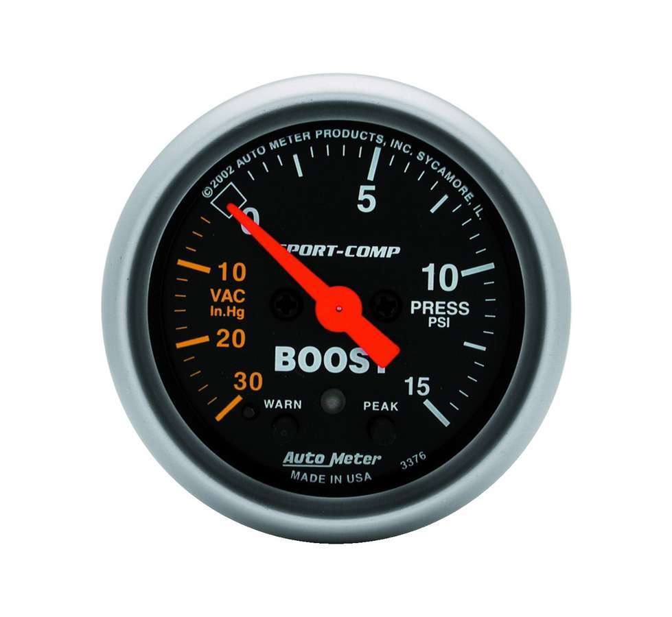 Autometer 3376 Sport-Comp Boost and Vacuum Gauge, 2-1/16 Inch, 30 Inches Hg, 15 PSI, Electric Analog with Peak and Warning, Black Face