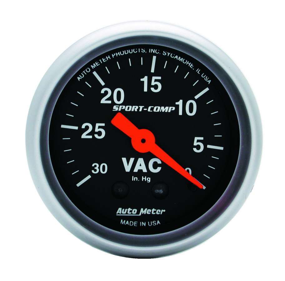 Autometer 3384 Mini-Sport Comp Vacuum Gauge, 0-30 in Hg, Mechanical, Analog, 2-1/16 Inch Diameter, Black Face